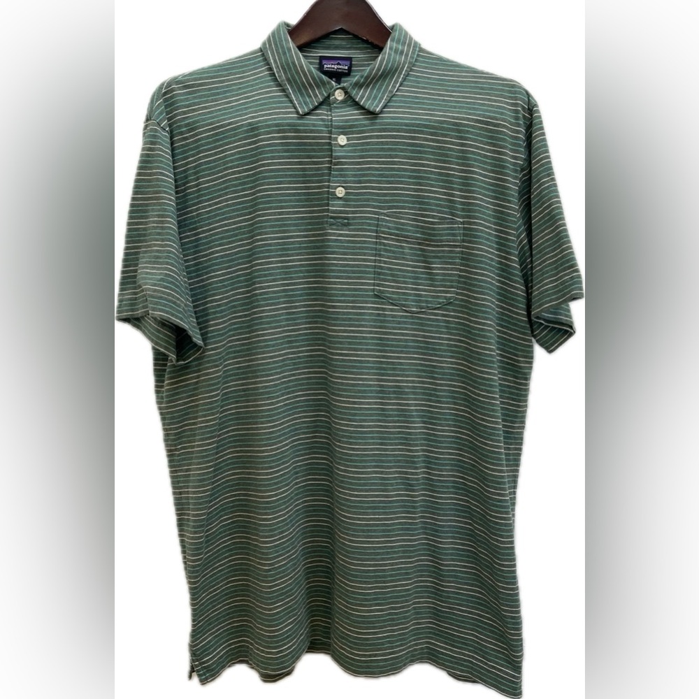 PATAGONIA VINTAGE GREEN STRIPED MENS XL ORGANIC COTTON SHORT SLEEVE POLO TOP